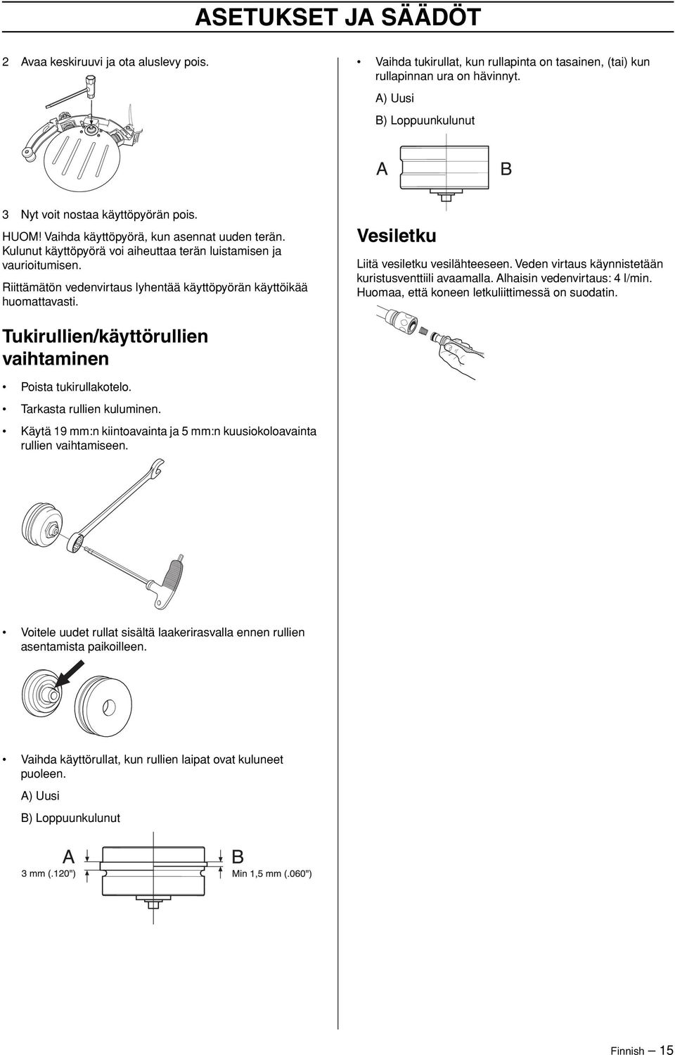 Riittämätön vedenvirtaus lyhentää käyttöpyörän käyttöikää huomattavasti. Vesiletku Liitä vesiletku vesilähteeseen. Veden virtaus käynnistetään kuristusventtiili avaamalla.