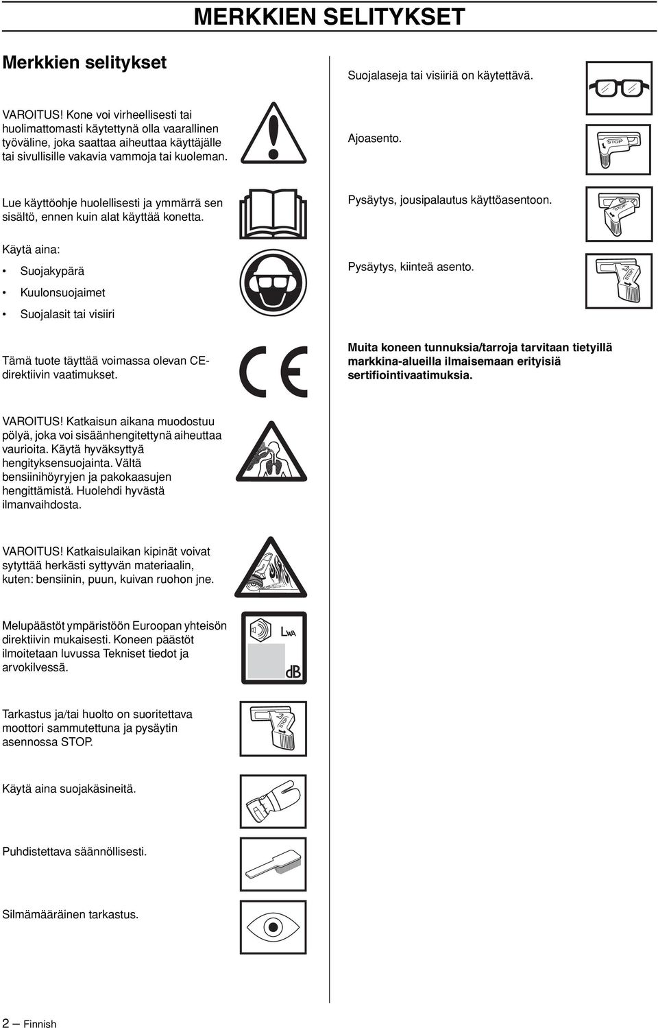 Lue käyttöohje huolellisesti ja ymmärrä sen sisältö, ennen kuin alat käyttää konetta. Pysäytys, jousipalautus käyttöasentoon.