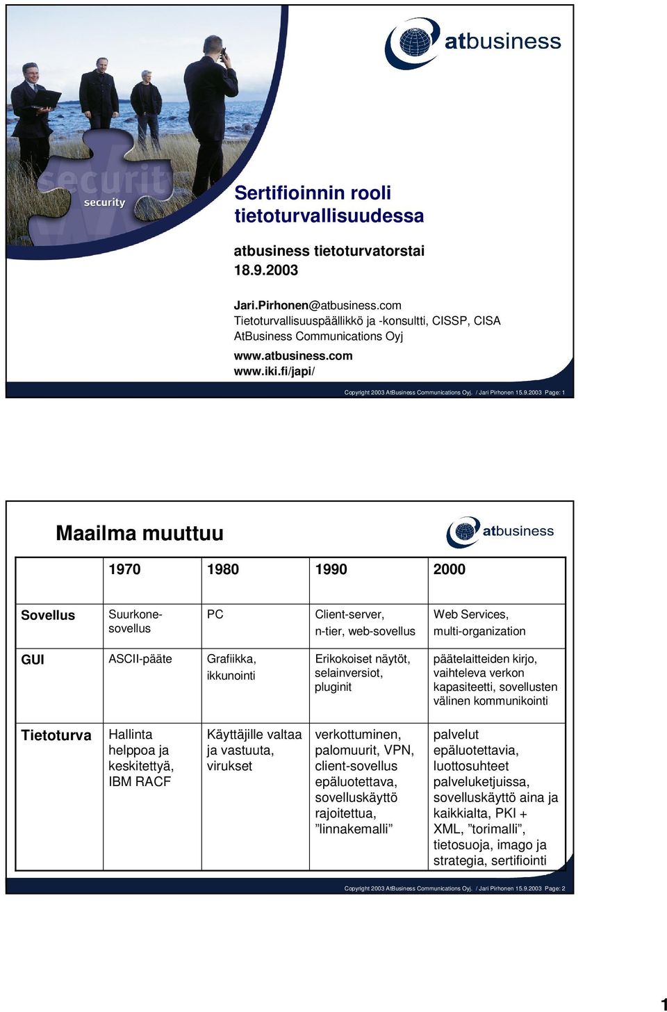 2003 Page: 1 Maailma muuttuu 1970 1980 1990 2000 Sovellus Suurkonesovellus PC Client-server, n-tier, web-sovellus Web Services, multi-organization GUI ASCII-pääte Grafiikka, ikkunointi Erikokoiset