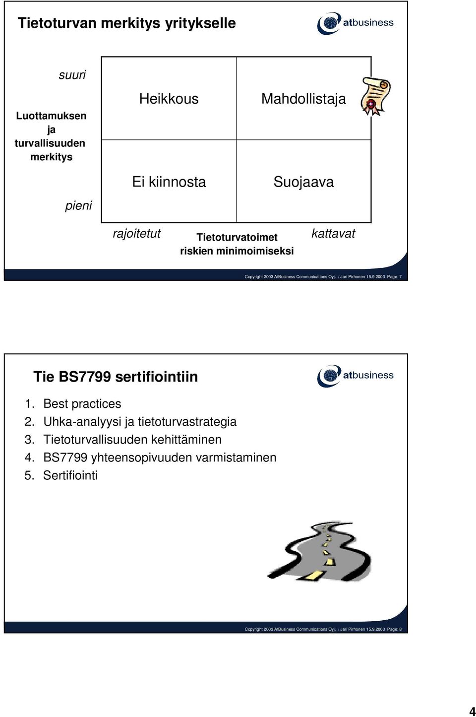 2003 Page: 7 Tie BS7799 sertifiointiin 1. Best practices 2. Uhka-analyysi ja tietoturvastrategia 3.