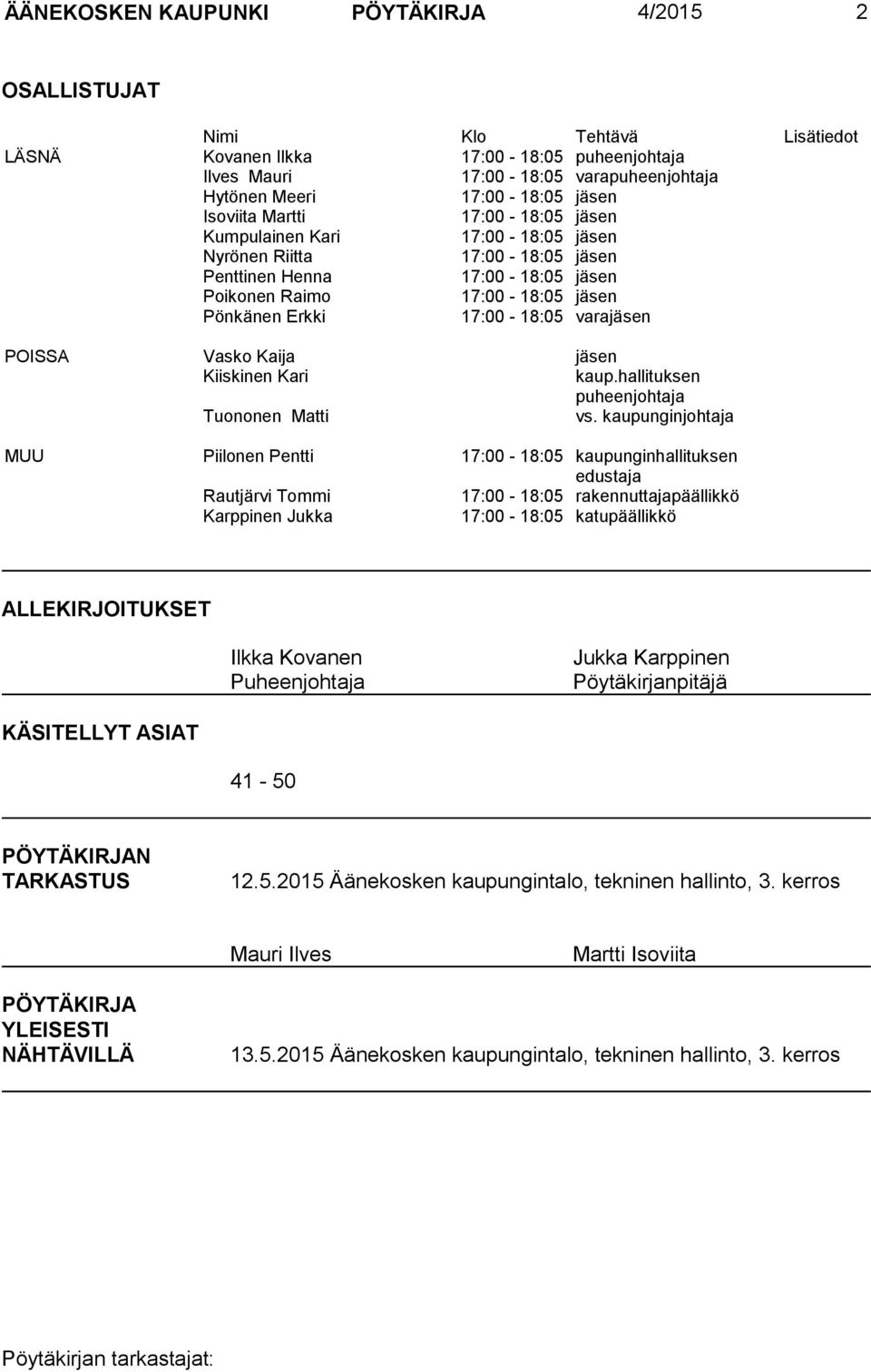 17:00-18:05 varajäsen POISSA Vasko Kaija jäsen Kiiskinen Kari kaup.hallituksen puheenjohtaja Tuononen Matti vs.