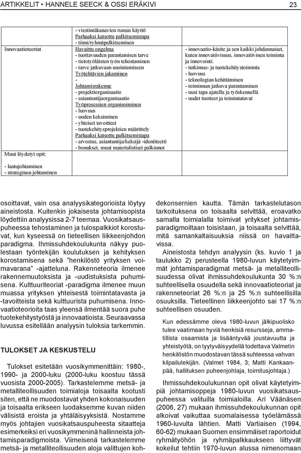 Työprosessien organisoiminen - luovuus - uuden keksiminen - yhteiset tavoitteet - tuotekehitysprojektien määrittely Parhaaksi katsottu palkitsemistapa - arvostus, asiantuntija/keksijä -identiteetti -