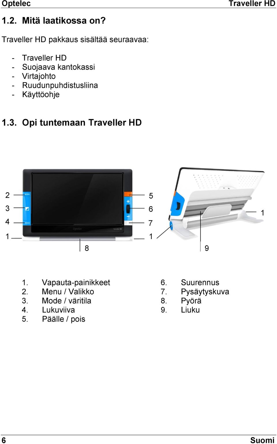 Ruudunpuhdistusliina - Käyttöohje 1.3. Opi tuntemaan Traveller HD 2 5 3 6 4 7 1 1 8 9 1 1.