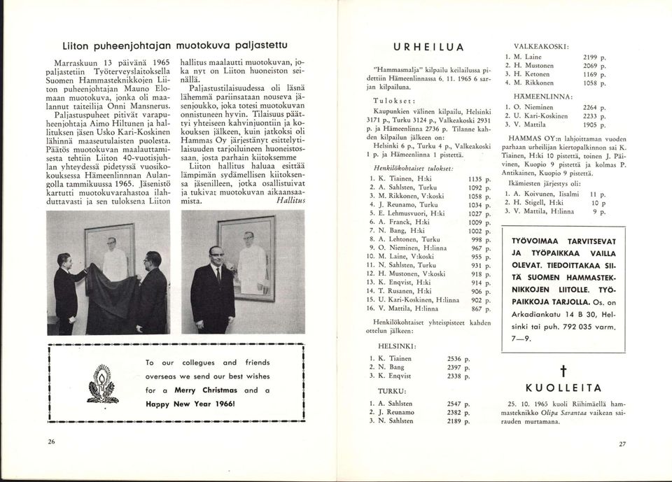 Päätös muotokuvan maalauttamisesta tehtiin Liiton 40-vuotisjuhlan yhteydessä pidetyssä vuosikokouksessa Hämeenlinnnan Aulangolla tammikuussa 1965.