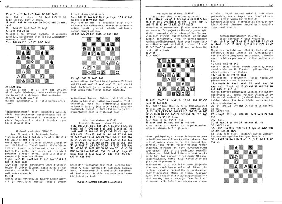 Kortshnoin sinnikäs puolustautuminenkaan ei enää auta. 23.- Te8 24 Kb1 Le7 25 Rd5! R~h5 26 Le2! Rf6 26.- LeS 27 Rb6 Te8 28 Rd?