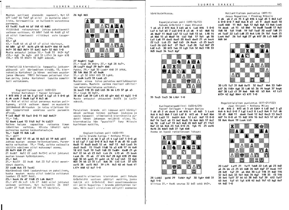 - Txd8 46 e6 g3 47 e7 olisi hävinnyt. 46 bsd g2 47 Dxf4 g1d 48 Dxf7+ Kh6 49 Dxf3 De1+ 50 Kb3 Db1+ 51 Ka4! Da1+ 52 Kb5 1-0 Musta antautui jatkon 52.- Txd8 53 Dh3+ Kg7 (53.