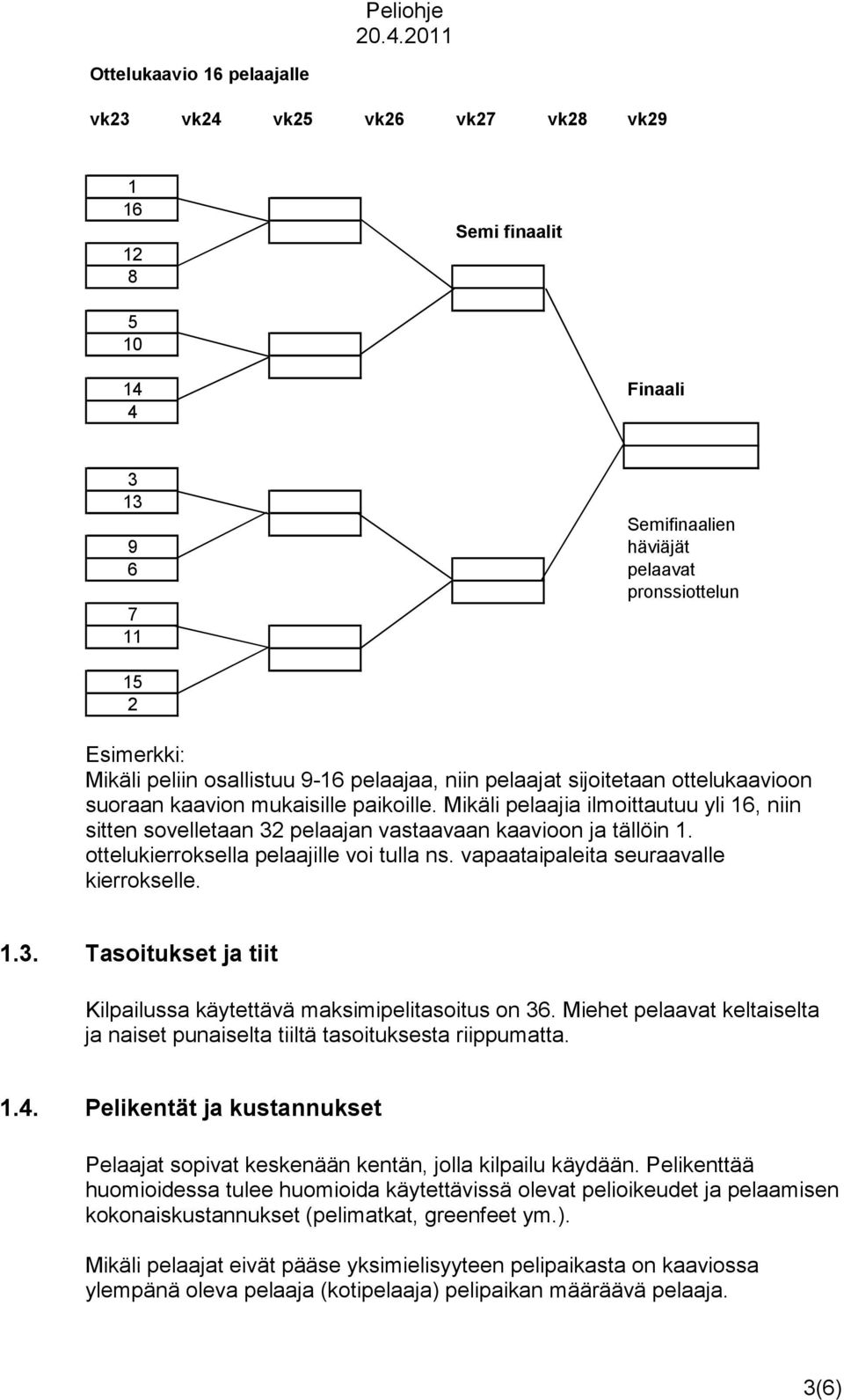 Mikäli pelaajia ilmoittautuu yli 16, niin sitten sovelletaan 32 pelaajan vastaavaan kaavioon ja tällöin 1. ottelukierroksella pelaajille voi tulla ns. vapaataipaleita seuraavalle kierrokselle. 1.3. Tasoitukset ja tiit Kilpailussa käytettävä maksimipelitasoitus on 36.
