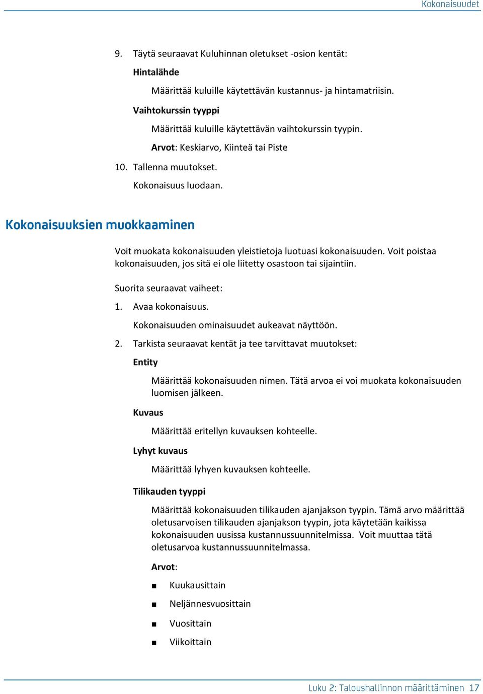 Kokonaisuuksien muokkaaminen Voit muokata kokonaisuuden yleistietoja luotuasi kokonaisuuden. Voit poistaa kokonaisuuden, jos sitä ei ole liitetty osastoon tai sijaintiin. 1. Avaa kokonaisuus.