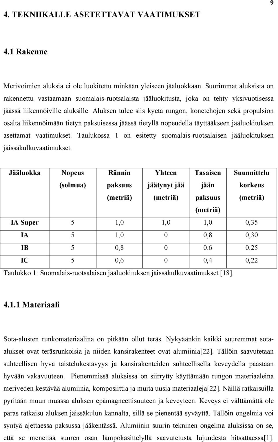 Aluksen tulee siis kyetä rungon, konetehojen sekä propulsion osalta liikennöimään tietyn paksuisessa jäässä tietyllä nopeudella täyttääkseen jääluokituksen asettamat vaatimukset.