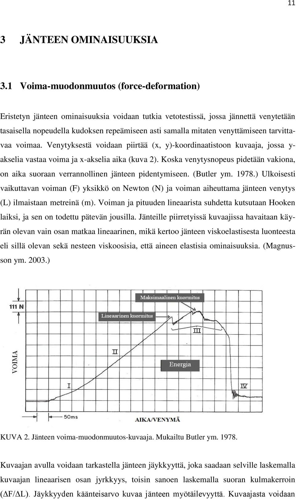 venyttämiseen tarvittavaa voimaa. Venytyksestä voidaan piirtää (x, y)-koordinaatistoon kuvaaja, jossa y- akselia vastaa voima ja x-akselia aika (kuva 2).