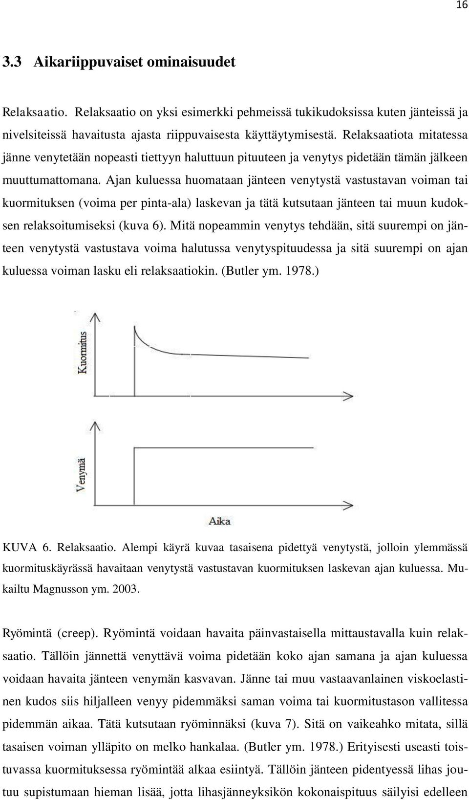 Ajan kuluessa huomataan jänteen venytystä vastustavan voiman tai kuormituksen (voima per pinta-ala) laskevan ja tätä kutsutaan jänteen tai muun kudoksen relaksoitumiseksi (kuva 6).