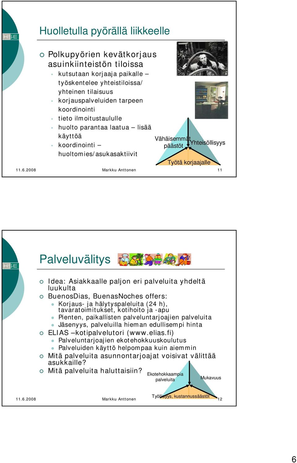 2008 Markku Anttonen 11 Palveluvälitys Idea: Asiakkaalle paljon eri palveluita yhdeltä luukulta BuenosDias, BuenasNoches offers: Korjaus- ja hälytyspaleluita (24 h), tavaratoimitukset, kotihoito ja