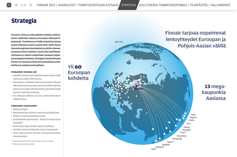Osana kasvustrategiansa toteuttamista ja yhtiön rakennemuutosta Finnair keskittyi vuonna 2012 ydinliiketoimintaansa ja rakensi ympärilleen aiempaa laajempaa kumppaniverkostoa.