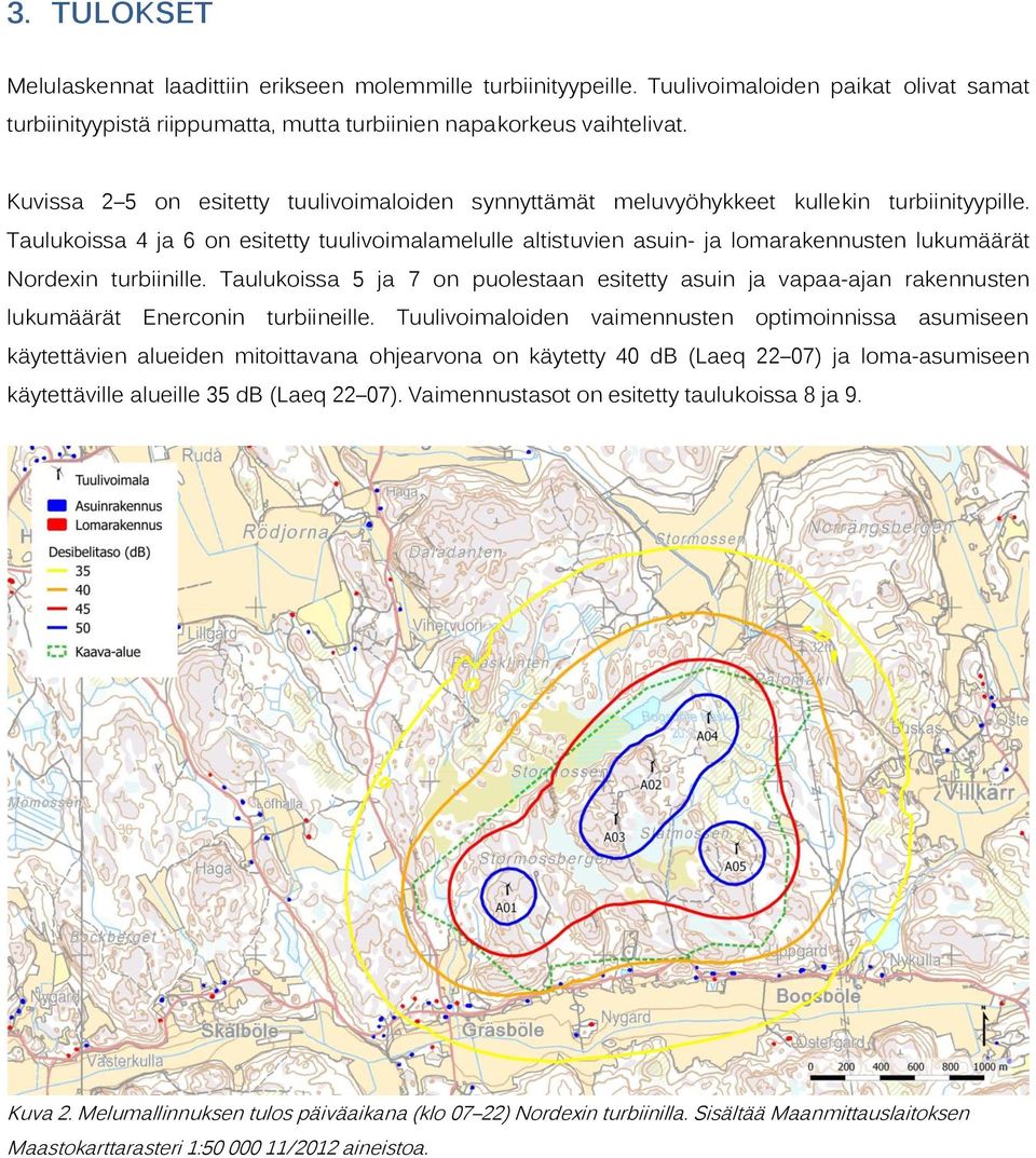 Taulukoissa 4 ja 6 on esitetty tuulivoimalamelulle altistuvien asuin- ja lomarakennusten lukumäärät Nordexin turbiinille.