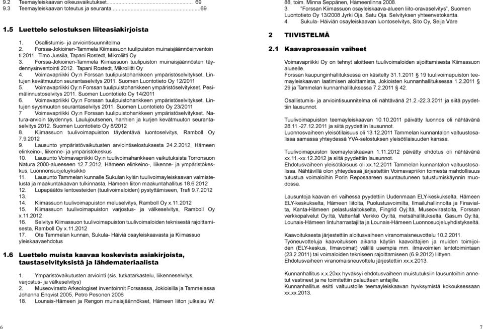 Forssa-Jokioinen-Tammela Kiimassuon tuulipuiston muinaisjäännösten täydennysinventointi 2012. Tapani Rostedt, Mikroliitti Oy 4. Voimavapriikki Oy:n Forssan tuulipuistohankkeen ympäristöselvitykset.