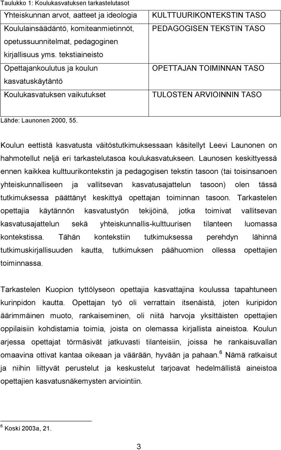 Launonen 2000, 55. Koulun eettistä kasvatusta väitöstutkimuksessaan käsitellyt Leevi Launonen on hahmotellut neljä eri tarkastelutasoa koulukasvatukseen.