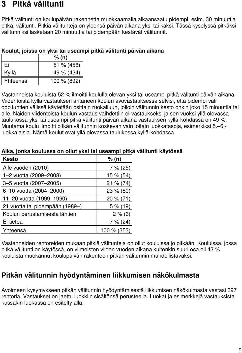 Koulut, joissa on yksi tai useampi pitkä välitunti päivän aikana Ei 5 (458) Kyllä 49 % (434) Yhteensä 10 (892) Vastanneista kouluista 52 % ilmoitti koululla olevan yksi tai useampi pitkä välitunti