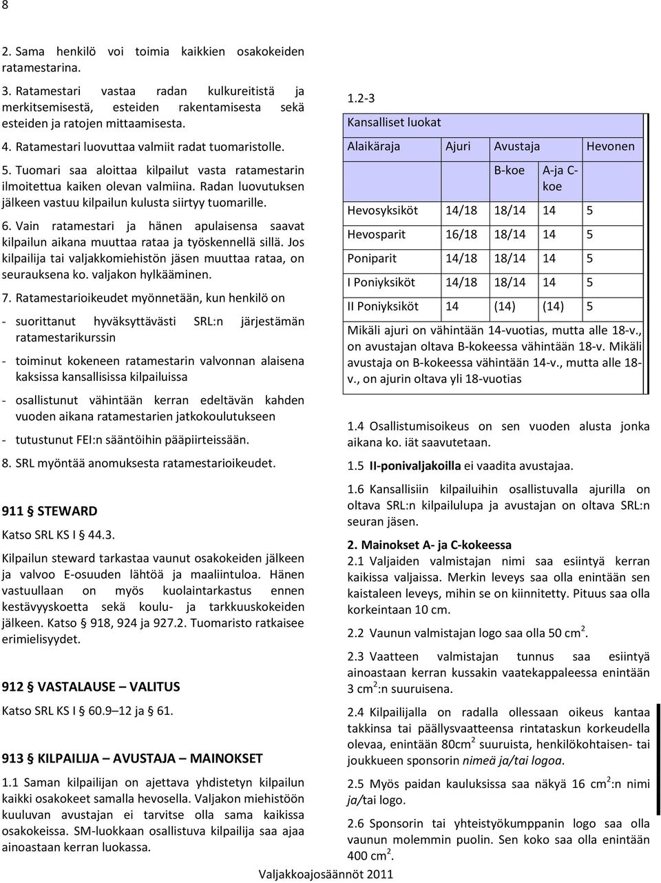 Radan luovutuksen jälkeen vastuu kilpailun kulusta siirtyy tuomarille. 6. Vain ratamestari ja hänen apulaisensa saavat kilpailun aikana muuttaa rataa ja työskennellä sillä.