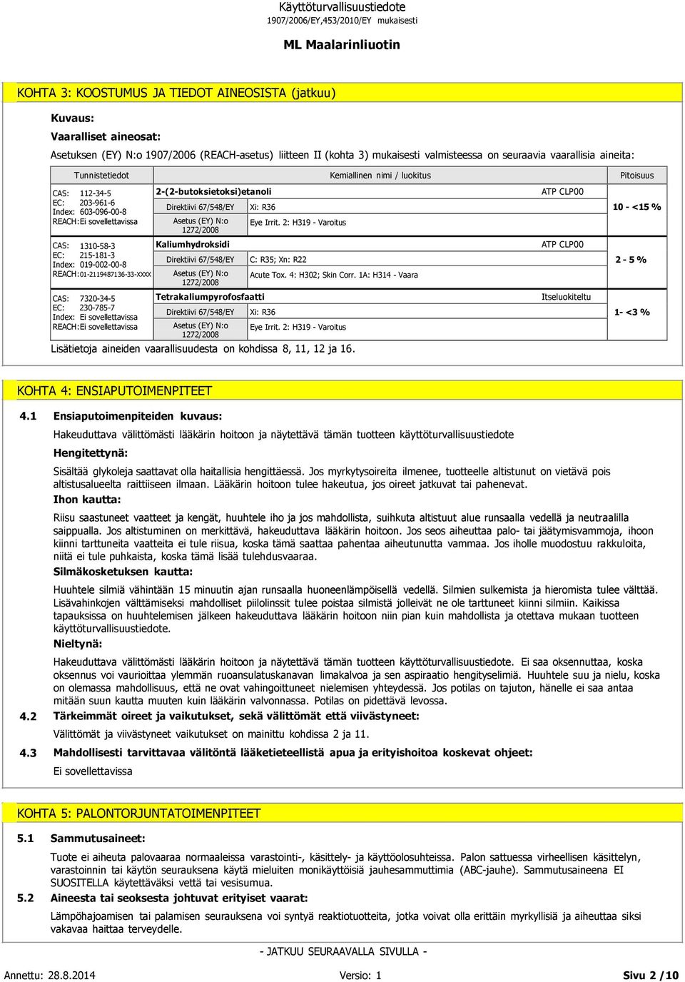 230-785-7 Index: REACH: Direktiivi 67/548/EY Asetus (EY) N:o 1272/2008 Kaliumhydroksidi Direktiivi 67/548/EY Asetus (EY) N:o 1272/2008 Xi: R36 Tetrakaliumpyrofosfaatti Direktiivi 67/548/EY Asetus