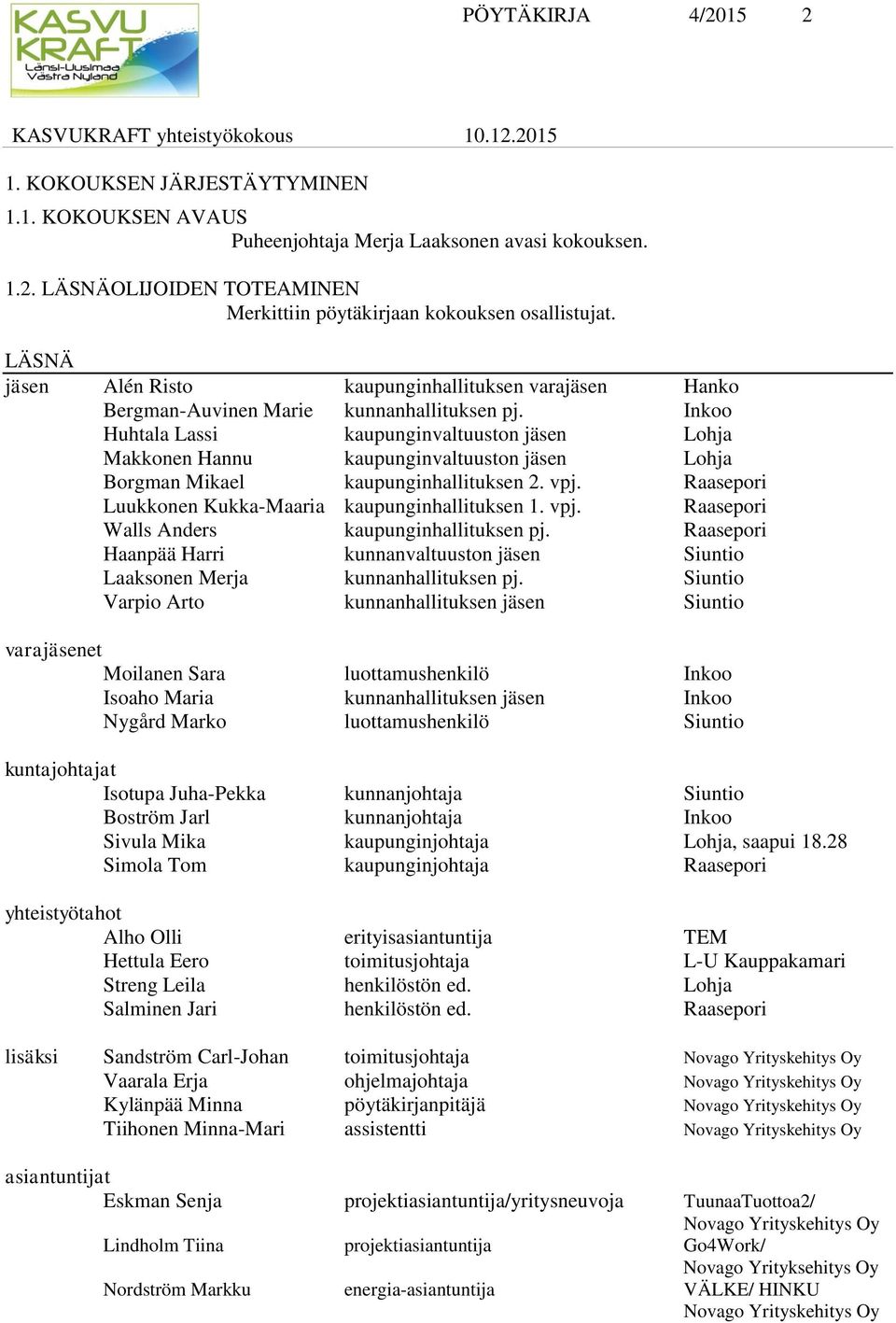 Inkoo Huhtala Lassi kaupunginvaltuuston jäsen Lohja Makkonen Hannu kaupunginvaltuuston jäsen Lohja Borgman Mikael kaupunginhallituksen 2. vpj. Raasepori Luukkonen Kukka-Maaria kaupunginhallituksen 1.