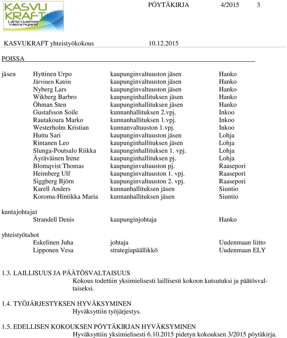 vpj. Inkoo Huttu Sari kaupunginvaltuuston jäsen Lohja Rintanen Leo kaupunginhallituksen jäsen Lohja Slunga-Poutsalo Riikka kaupunginhallituksen 1. vpj. Lohja Äyräväinen Irene kaupunginhallituksen pj.