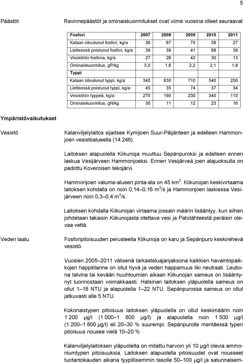 34 Vesistöön typpeä, kg/a 270 190 230 340 110 Ominaiskuormitus, gn/kg 30 11 12 23 16 Ympäristövaikutukset Vesistö Kalanviljelylaitos sijaitsee Kymijoen Suur-Päijänteen ja edelleen Hammonjoen