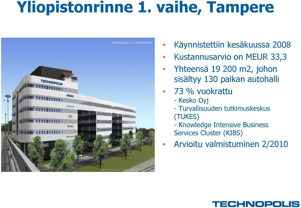 Yhteensä 19 200 m2, johon sisältyy 130 paikan autohalli 73 % vuokrattu -