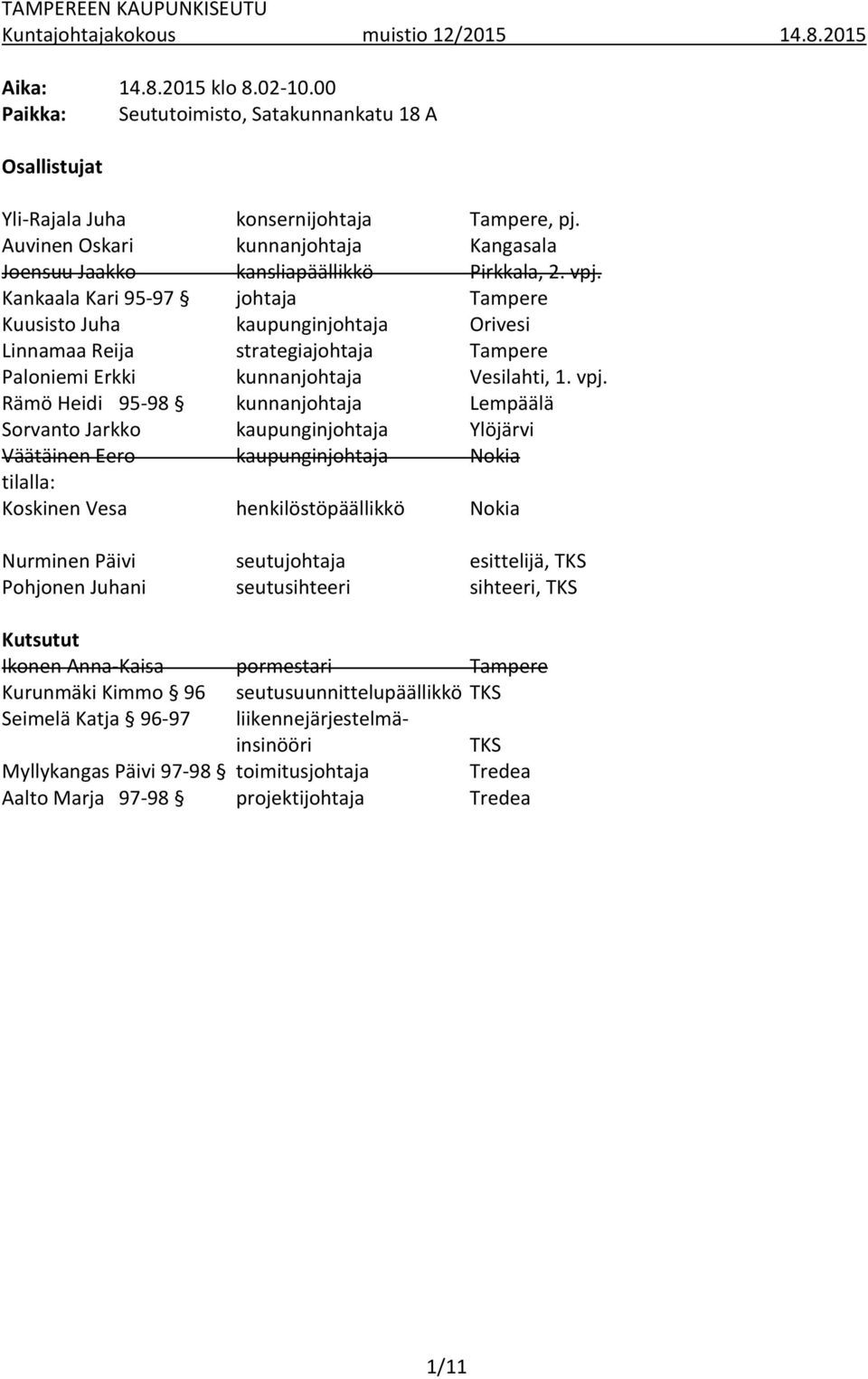 Kankaala Kari 95-97 johtaja Tampere Kuusisto Juha kaupunginjohtaja Orivesi Linnamaa Reija strategiajohtaja Tampere Paloniemi Erkki kunnanjohtaja Vesilahti, 1. vpj.