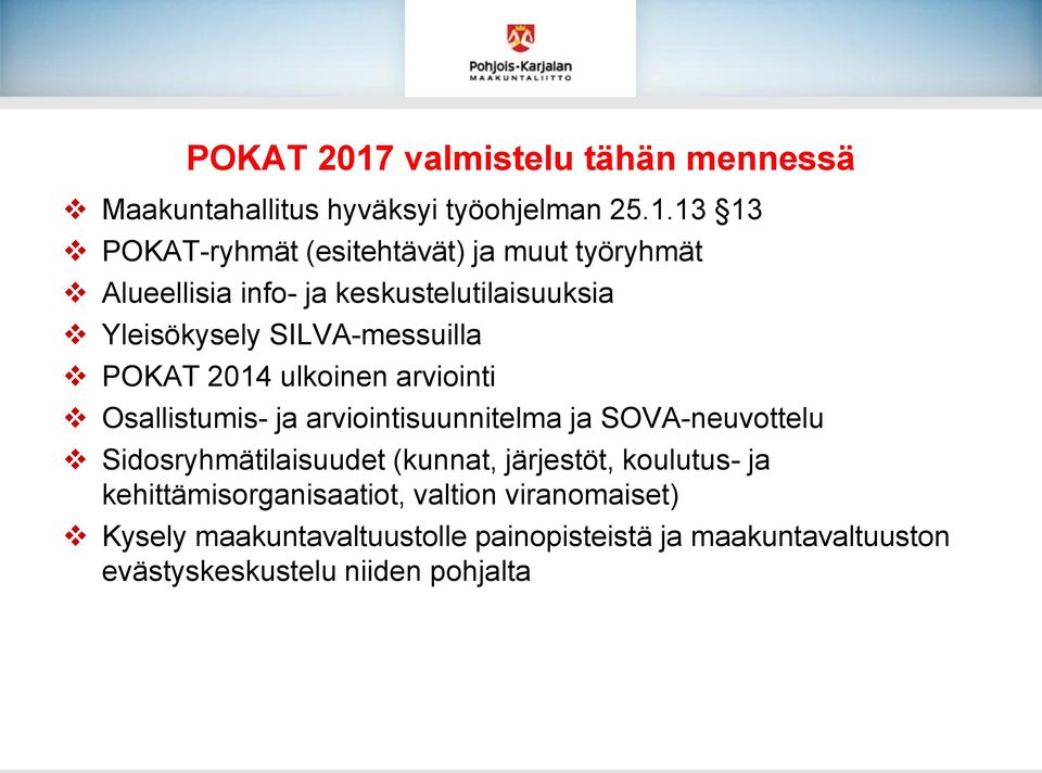 13 13 POKAT-ryhmät (esitehtävät) ja muut työryhmät Alueellisia info- ja keskustelutilaisuuksia Yleisökysely