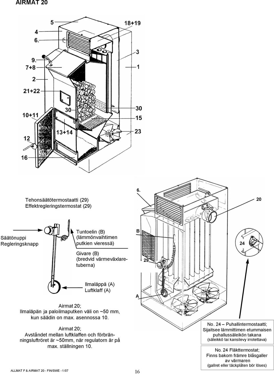 24 Puhallintermostaatti; Sijaitsee lämmittimen etummaisen puhallussäleikön takana Airmat 20; Avståndet mellan luftklaffen och förbränningsluftröret är ~50mm, när