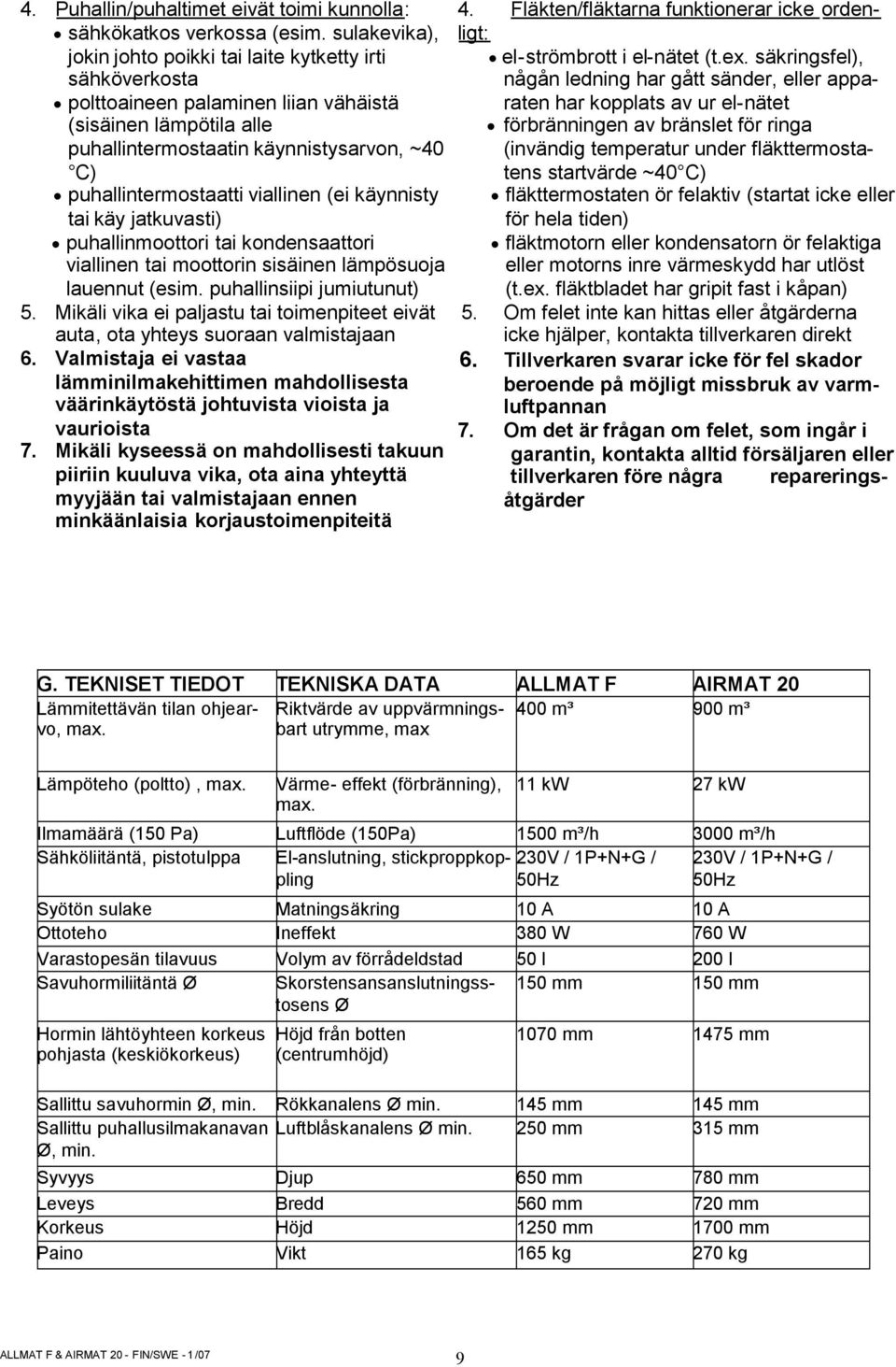 viallinen (ei käynnisty tai käy jatkuvasti) puhallinmoottori tai kondensaattori viallinen tai moottorin sisäinen lämpösuoja lauennut (esim. puhallinsiipi jumiutunut) 5.