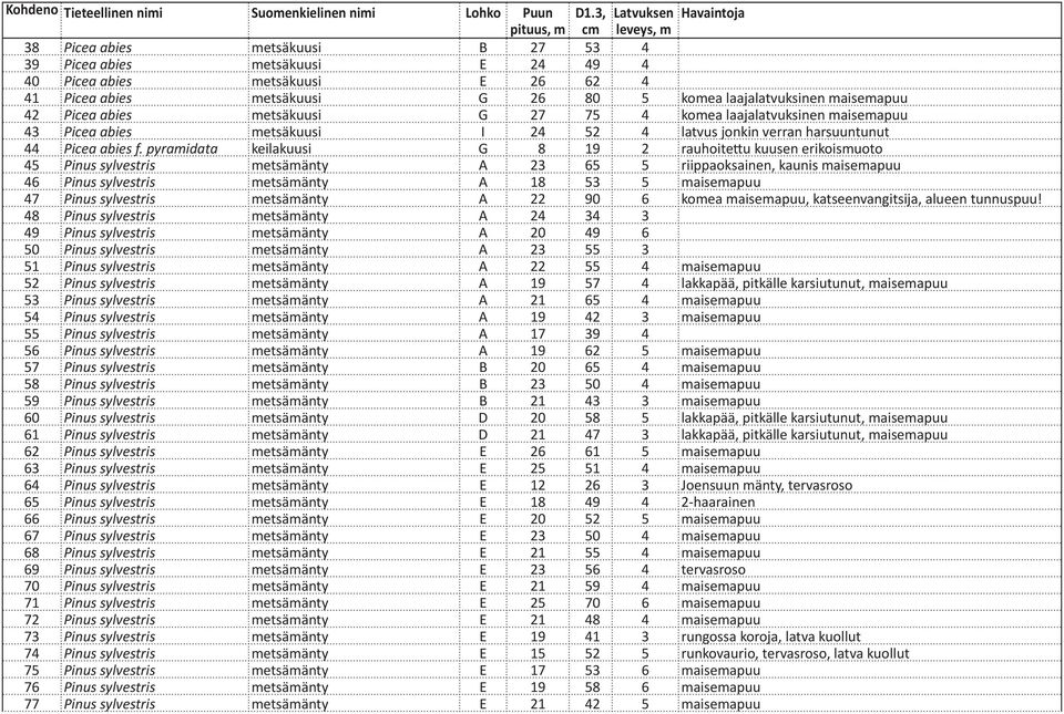 laajalatvuksinen maisemapuu 42 Picea abies metsäkuusi G 27 75 4 komea laajalatvuksinen maisemapuu 43 Picea abies metsäkuusi I 24 52 4 latvus jonkin verran harsuuntunut 44 Picea abies f.