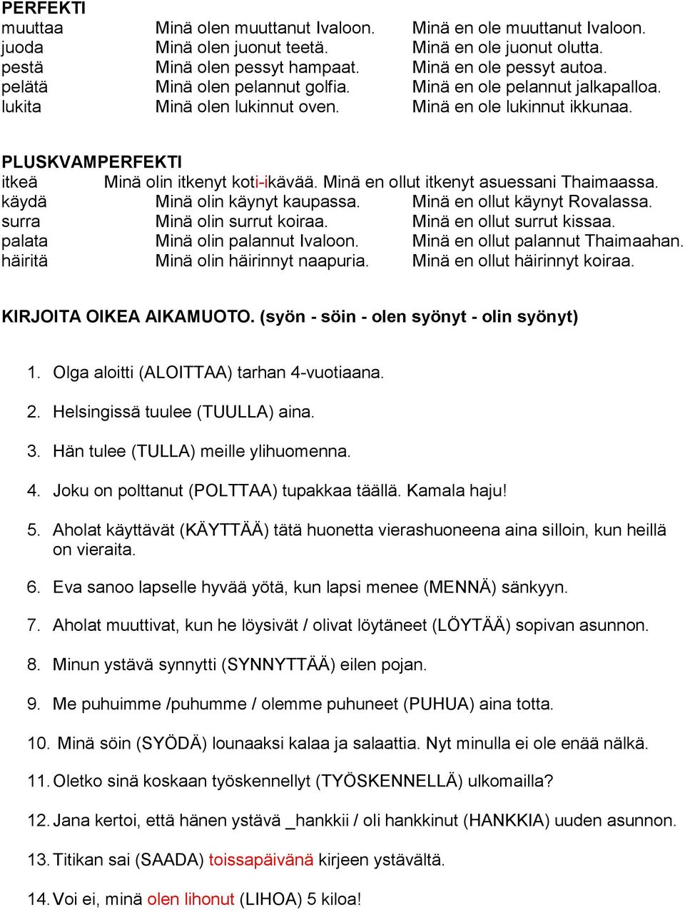 Minä en ollut itkenyt asuessani Thaimaassa. käydä Minä olin käynyt kaupassa. Minä en ollut käynyt Rovalassa. surra Minä olin surrut koiraa. Minä en ollut surrut kissaa.