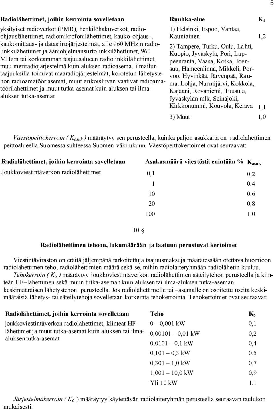 radiolinkkilähettimet, muu meriradiojärjestelmä kuin aluksen radioasema, ilmailun taajuuksilla toimivat maaradiojärjestelmät, korotetun lähetystehon radioamatööriasemat, muut erikoisluvan vaativat