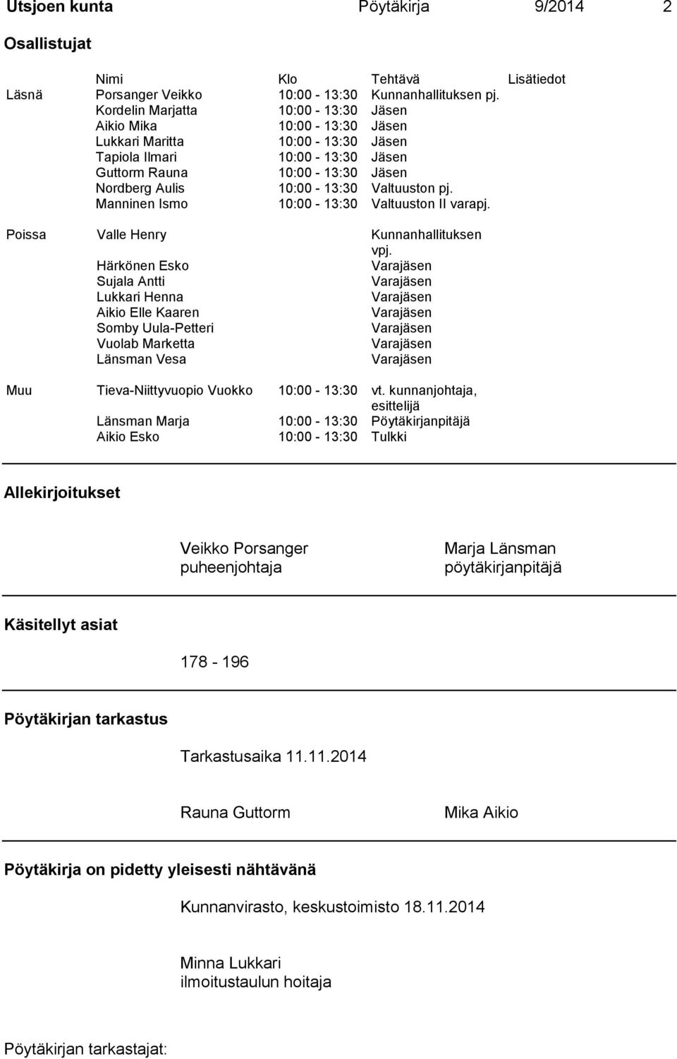 Valtuuston pj. Manninen Ismo 10:00-13:30 Valtuuston II varapj. Poissa Valle Henry Kunnanhallituksen vpj.