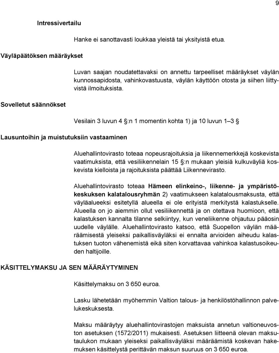 Vesilain 3 luvun 4 :n 1 momentin kohta 1) ja 10 luvun 1 3 Aluehallintovirasto toteaa nopeusrajoituksia ja liikennemerkkejä koskevista vaatimuksista, että vesiliikennelain 15 :n mukaan yleisiä