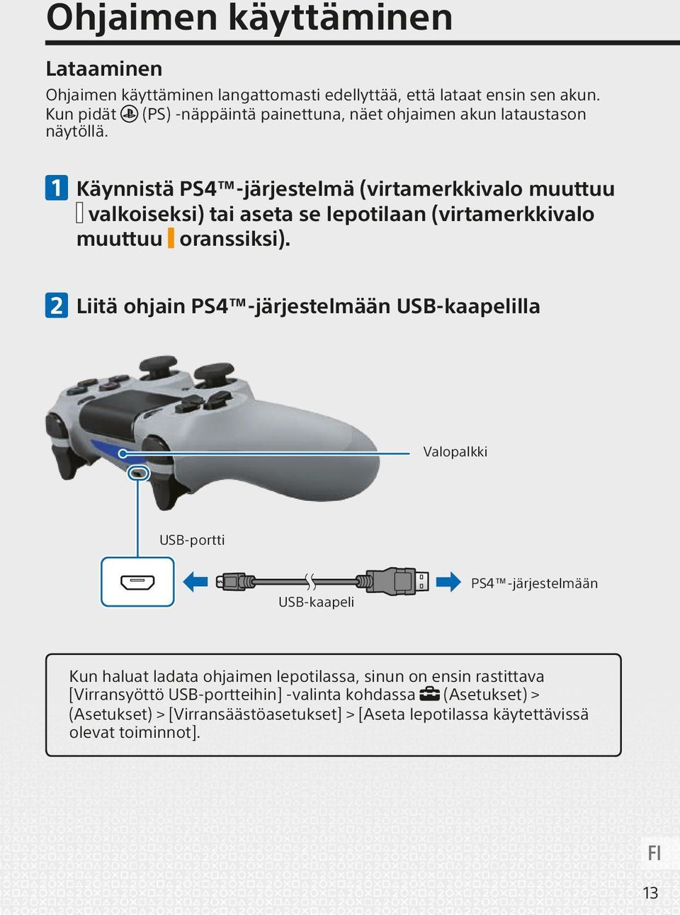 Käynnistä PS4 -järjestelmä (virtamerkkivalo muuttuu valkoiseksi) tai aseta se lepotilaan (virtamerkkivalo muuttuu oranssiksi).