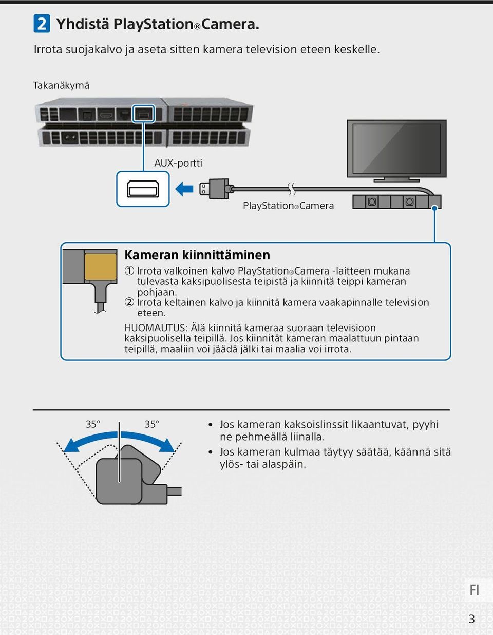 teippi kameran pohjaan. Irrota keltainen kalvo ja kiinnitä kamera vaakapinnalle television eteen.