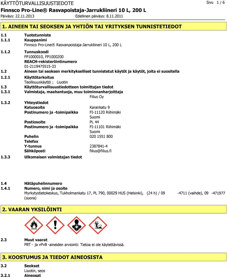 Käyttöturvallisuustiedotteen toimittajan tiedot 1.3.