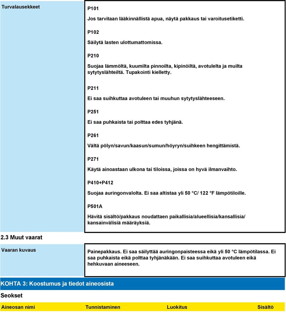 P251 Ei saa puhkaista tai polttaa edes tyhjänä. P261 Vältä pölyn/savun/kaasun/sumun/höyryn/suihkeen hengittämistä. P271 Käytä ainoastaan ulkona tai tiloissa, joissa on hyvä ilmanvaihto.