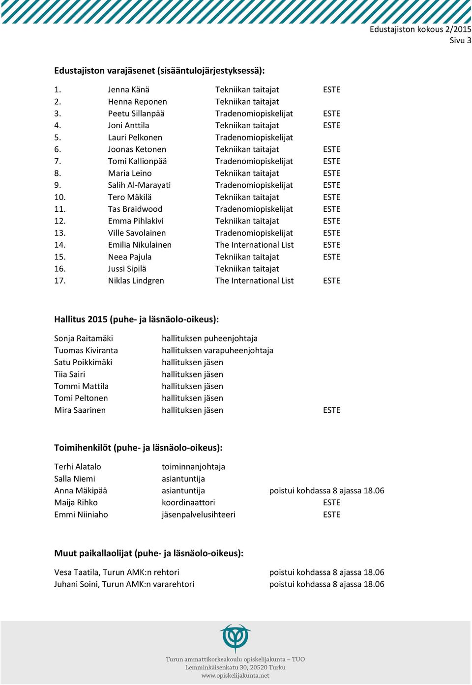 Salih Al-Marayati Tradenomiopiskelijat 10. Tero Mäkilä Tekniikan taitajat 11. Tas Braidwood Tradenomiopiskelijat 12. Emma Pihlakivi Tekniikan taitajat 13. Ville Savolainen Tradenomiopiskelijat 14.