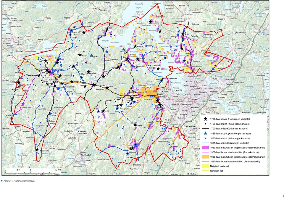 kylät (Kalmbergin kartasto) 1885-luvun talot (Kalmbergin kartasto) 1885-luvun tiet (Kalmbergin kartasto) 1960-luvun asutuksen laajennusalueet