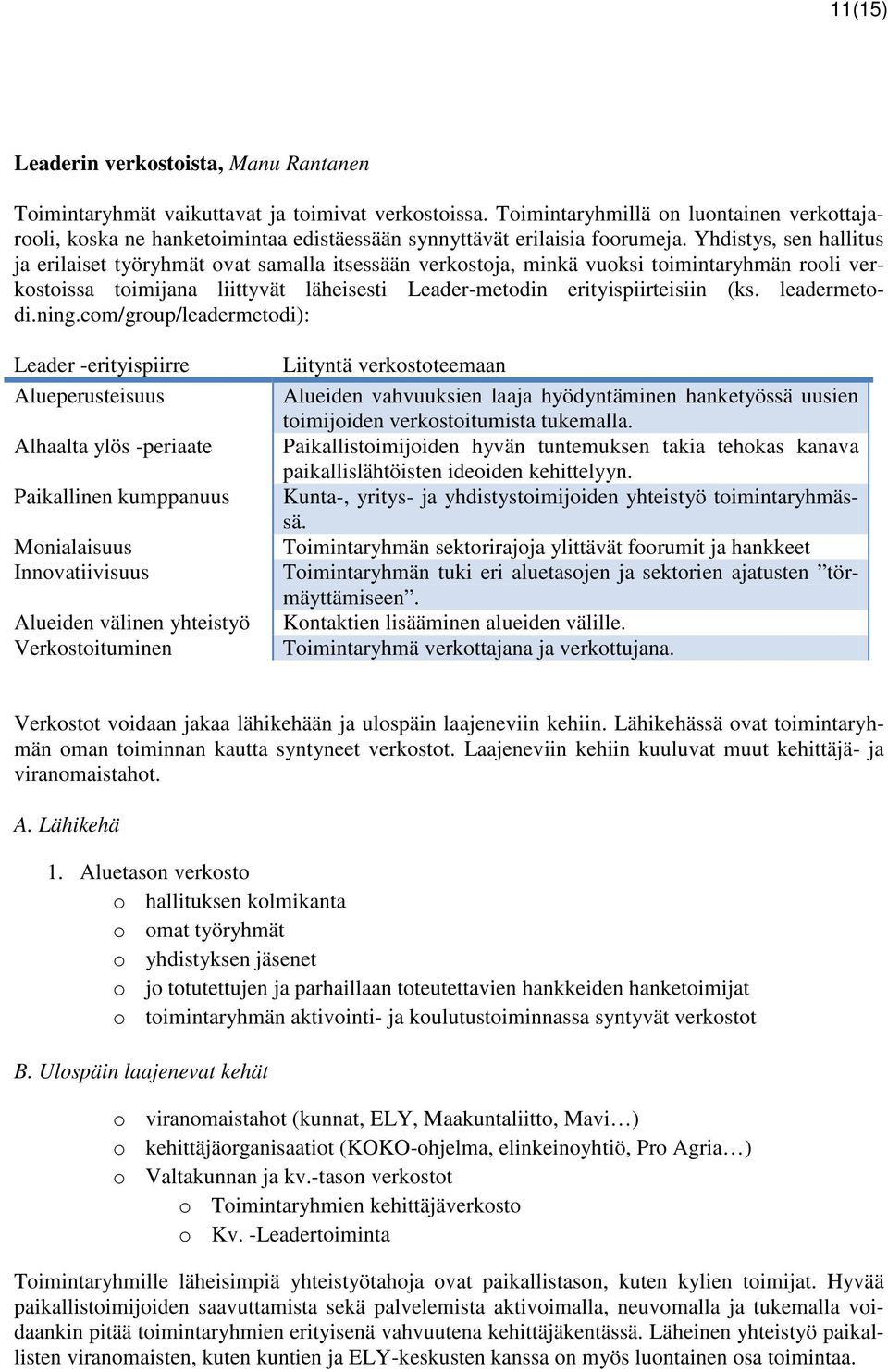 Yhdistys, sen hallitus ja erilaiset työryhmät ovat samalla itsessään verkostoja, minkä vuoksi toimintaryhmän rooli verkostoissa toimijana liittyvät läheisesti Leader-metodin erityispiirteisiin (ks.