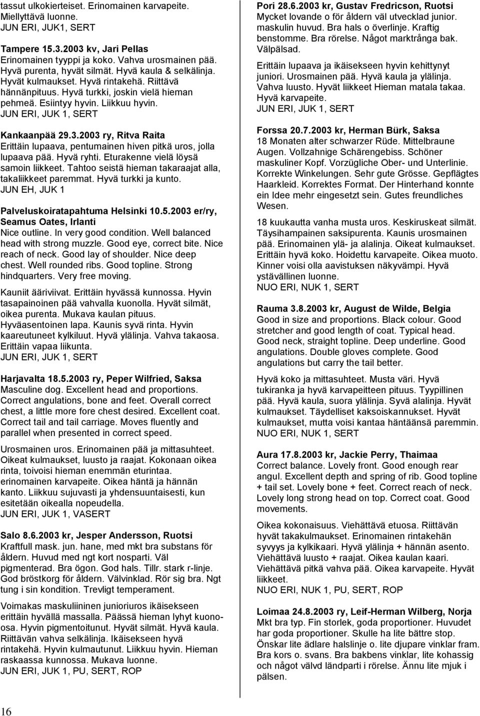 2003 ry, Ritva Raita Erittäin lupaava, pentumainen hiven pitkä uros, jolla lupaava pää. Hyvä ryhti. Eturakenne vielä löysä samoin liikkeet. Tahtoo seistä hieman takaraajat alla, takaliikkeet paremmat.