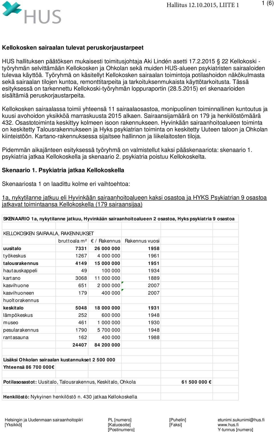 Tässä esityksessä on tarkennettu Kellokoski-työryhmän loppuraportin (28.5.2015) eri skenaarioiden sisältämiä peruskorjaustarpeita.