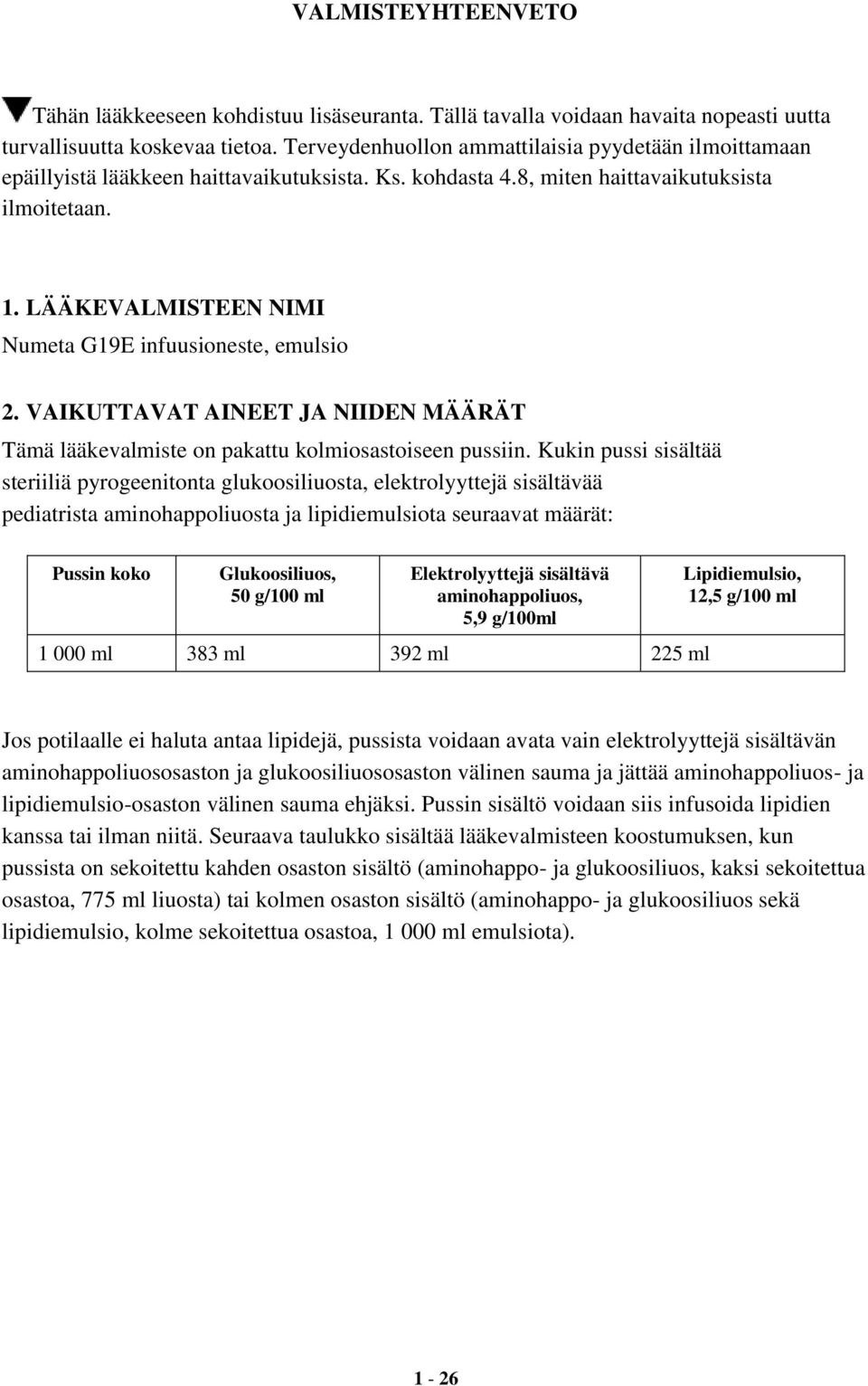 LÄÄKEVALMISTEEN NIMI Numeta G19E infuusioneste, emulsio 2. VAIKUTTAVAT AINEET JA NIIDEN MÄÄRÄT Tämä lääkevalmiste on pakattu kolmiosastoiseen pussiin.