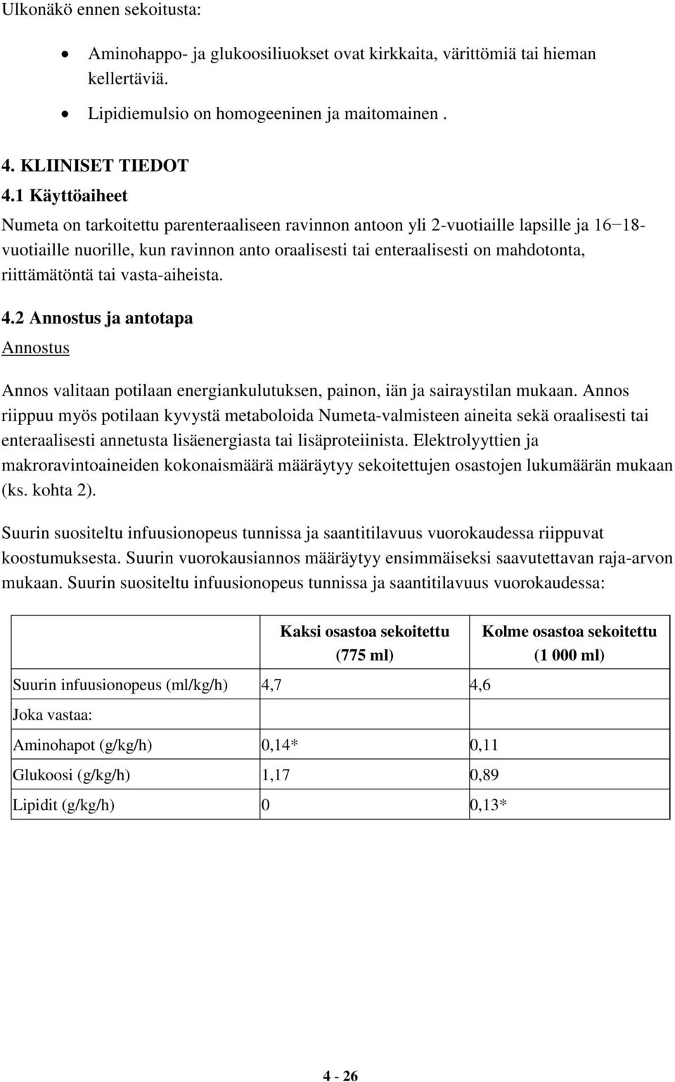 riittämätöntä tai vasta-aiheista. 4.2 Annostus ja antotapa Annostus Annos valitaan potilaan energiankulutuksen, painon, iän ja sairaystilan mukaan.