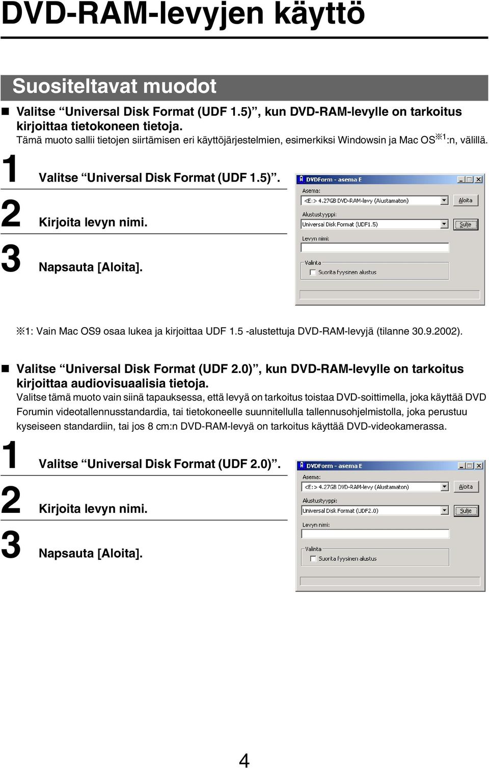 *1: Vain Mac OS9 osaa lukea ja kirjoittaa UDF 1.5 -alustettuja DVD-RAM-levyjä (tilanne 30.9.2002). Valitse Universal Disk Format (UDF 2.
