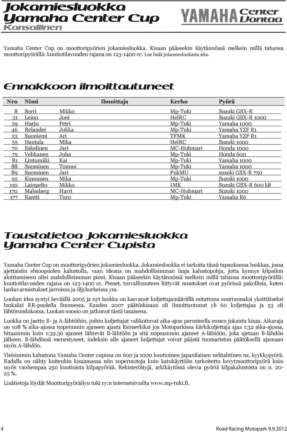 Ennakkoon ilmoittautuneet Nro Nimi Ilmoittaja Kerho Pyörä 8 Sorri Mikko Mp-Tuki Suzuki GSX-R 31 Leino Joni HelRC Suzuki GSX-R 1000 39 Harju Petri Mp-Tuki Yamaha 1000 46 Relander Jukka Mp-Tuki Yamaha