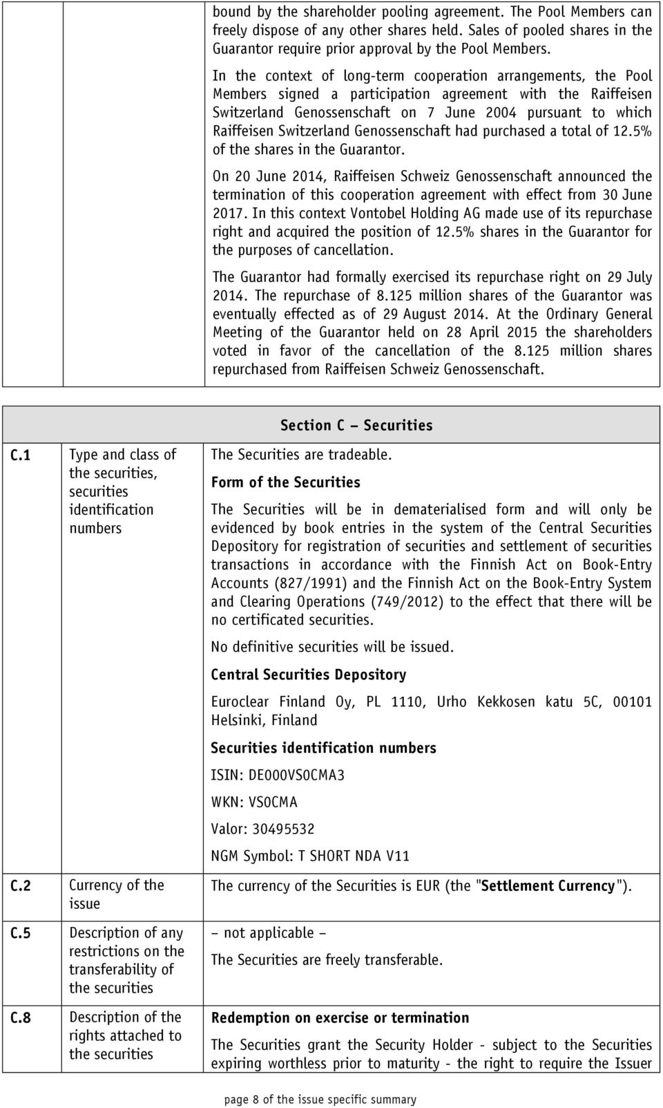 Switzerland Genossenschaft had purchased a total of 12.5% of the shares in the Guarantor.